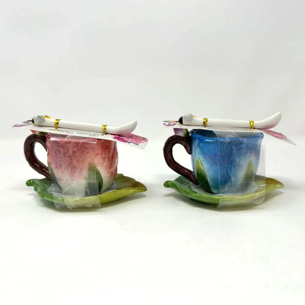 Set of 2 CornerRuby Garden Collection Teacups + Saucer Spoon Blue Red New *Read